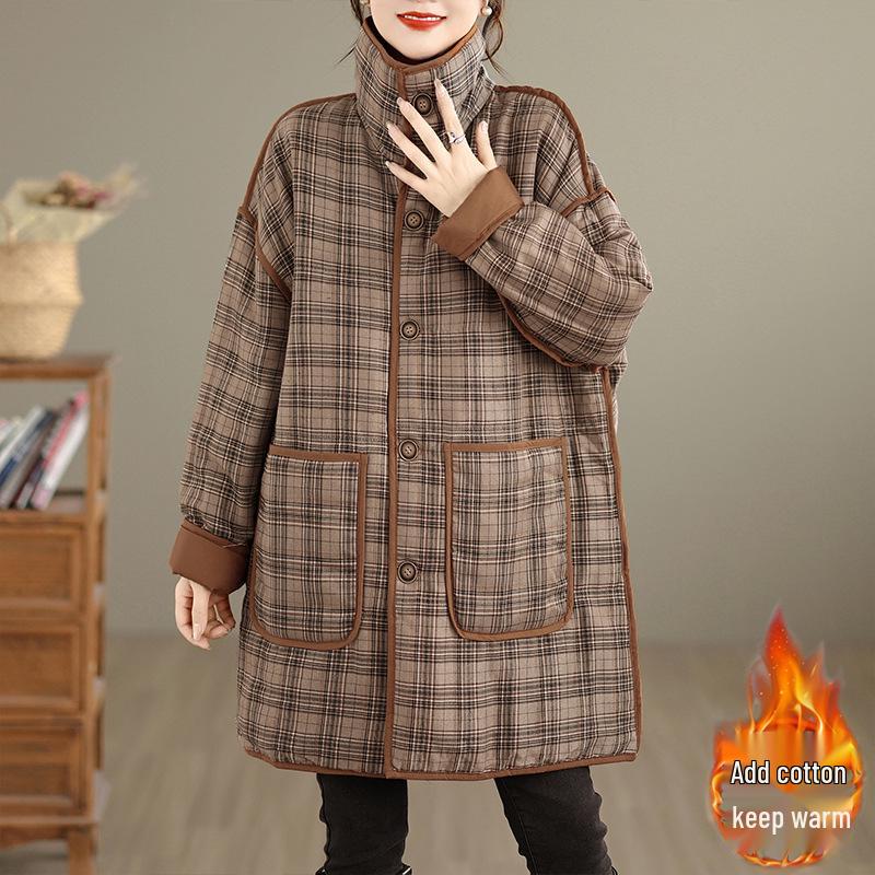 Женская ретро клетчатая утолщенная хлопковая стеганая куртка - Повседневное, теплое, универсальное зимнее пальто