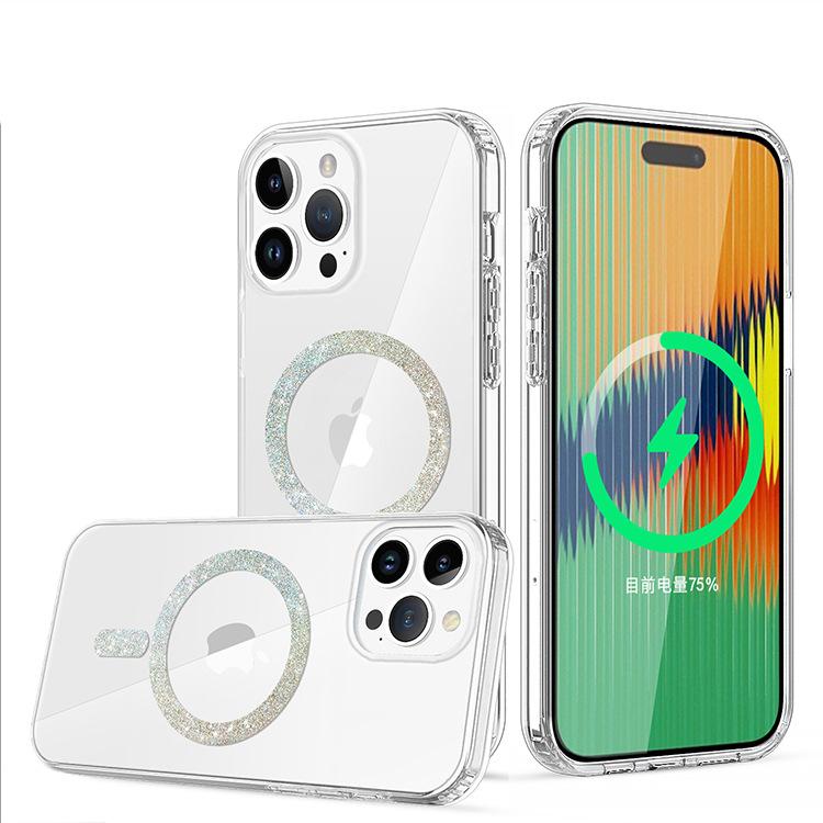 New Mobile Phone Case for IPhone15 Series Wireless Charging IMD Four Corners Anti-fall Magnetic Ring Glitter Powder