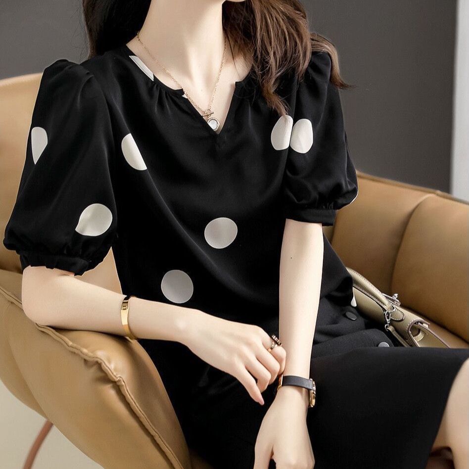 Модная свободная рубашка с короткими рукавами в горошек для женщин