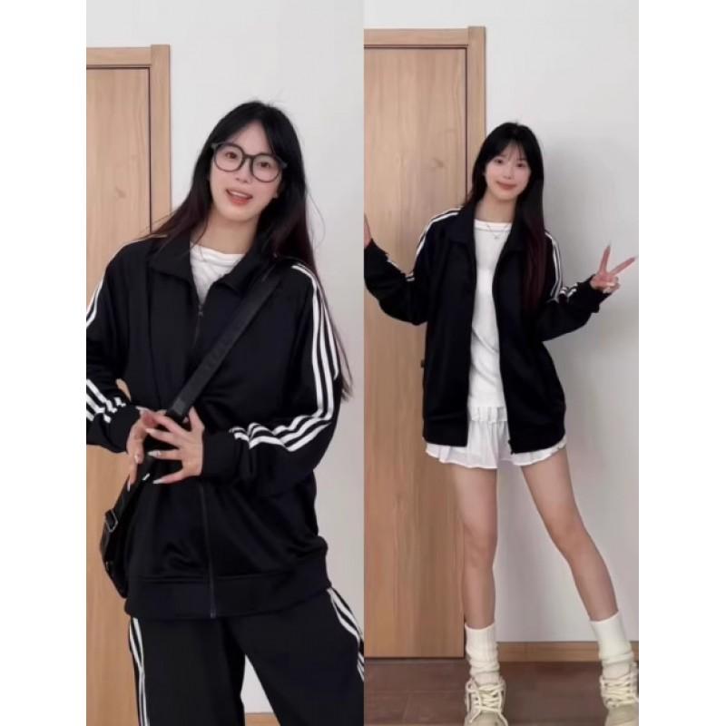 Womens Oversized Cotton Hooded Stand Collar Track Jacket 2025 Casual Sporty Sweatshirt With 3-Stripe Design