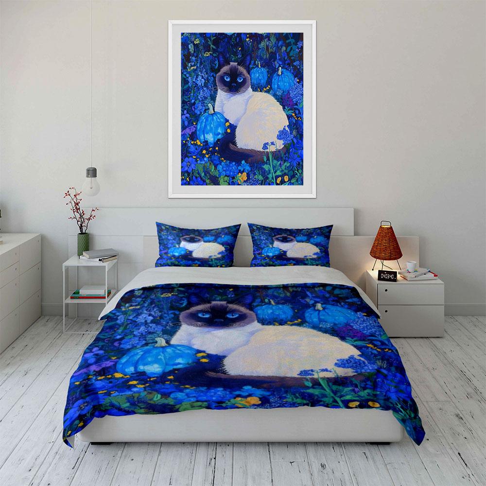 Blue Pumpkin Cat Art Decor Bedding Set with 1 Duvet Cover 2 Pillowcases Single Double King Queen, Gift