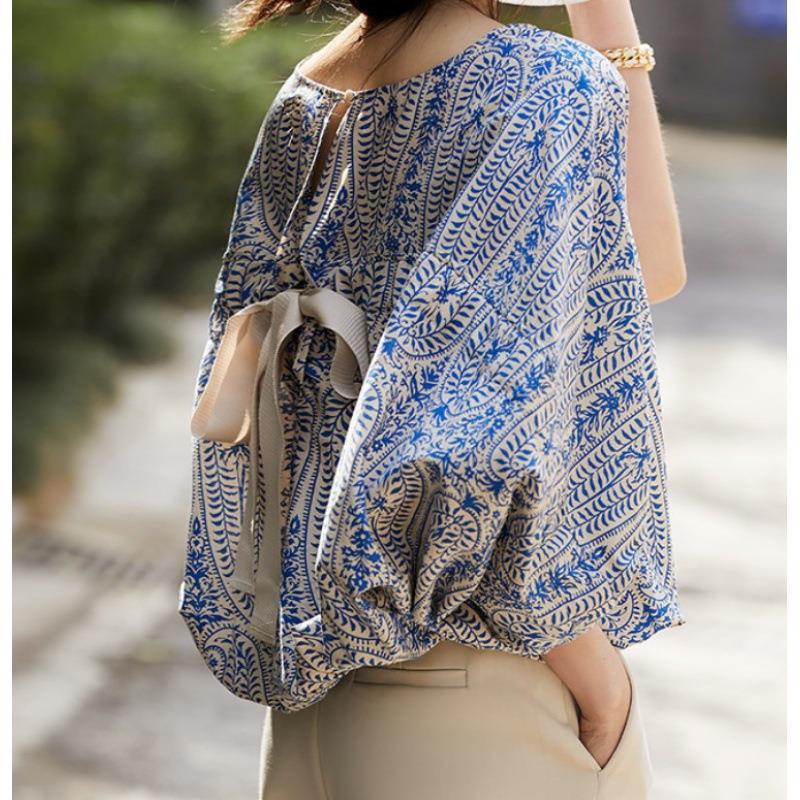 Элегантные блузки, женские винтажные рубашки с бантом и принтом, офисные женские летние корейские повседневные шикарные топы с рукавами «летучая мышь»