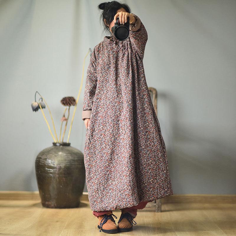 Johnature Autumn Winter Retro Flower Print Plate Buckle Thick Warm Loose Leisure Women Cotton Dresses