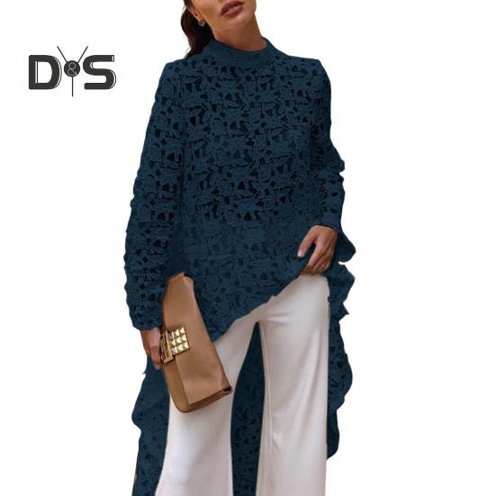 Женское длинное платье с вырезом сверху, нерегулярным вязанием крючком, кружевом, цветочным узором, прозрачной короткой передней частью и длинной задней частью, с полувысоким воротником и длинными рукавами