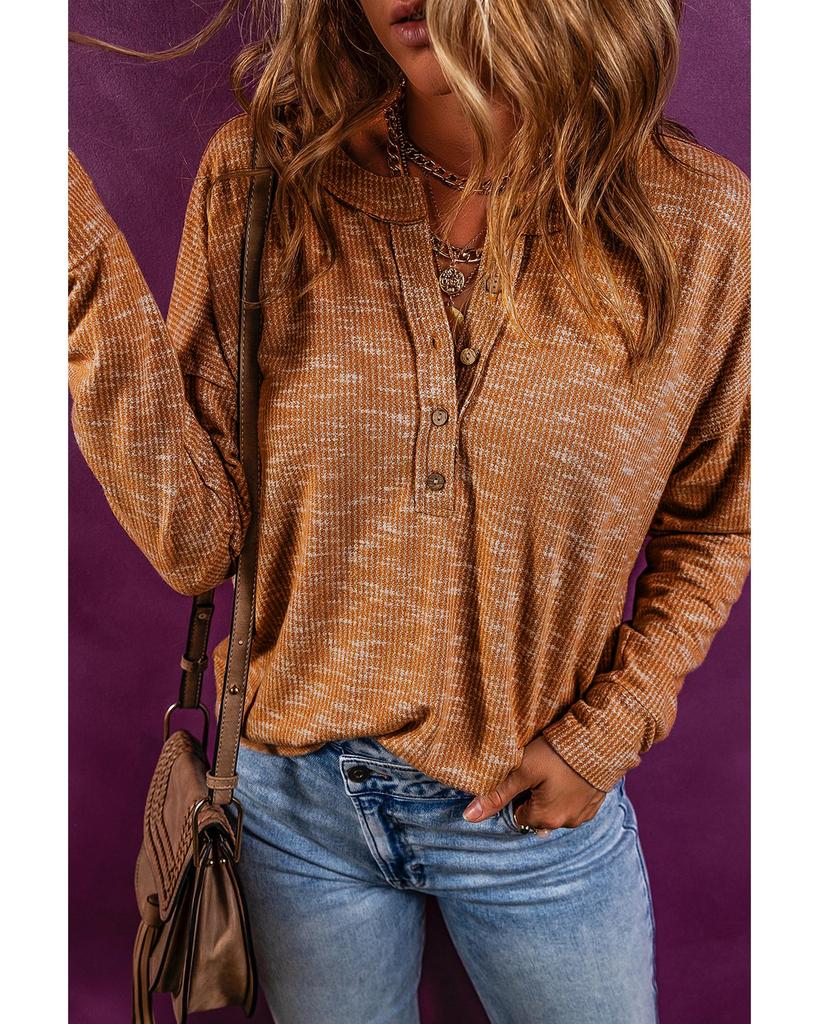 Azura Exchange Mustard Rib Knit Drop Shoulder Long Sleeve Henley Top