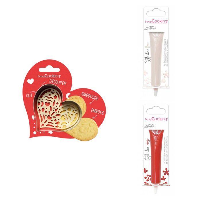 Kit pour biscuit en relief Coeur + 2 Stylos au chocolat blanc et rouge