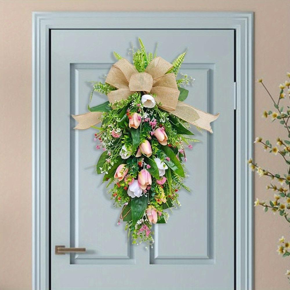 Тюльпановый венок Искусственный тюльпановый венок Цветочный венок Принадлежности для вечеринок Тюльпаны Каплевидный венок Имитация венков Весенний венок для камина Окна Стены