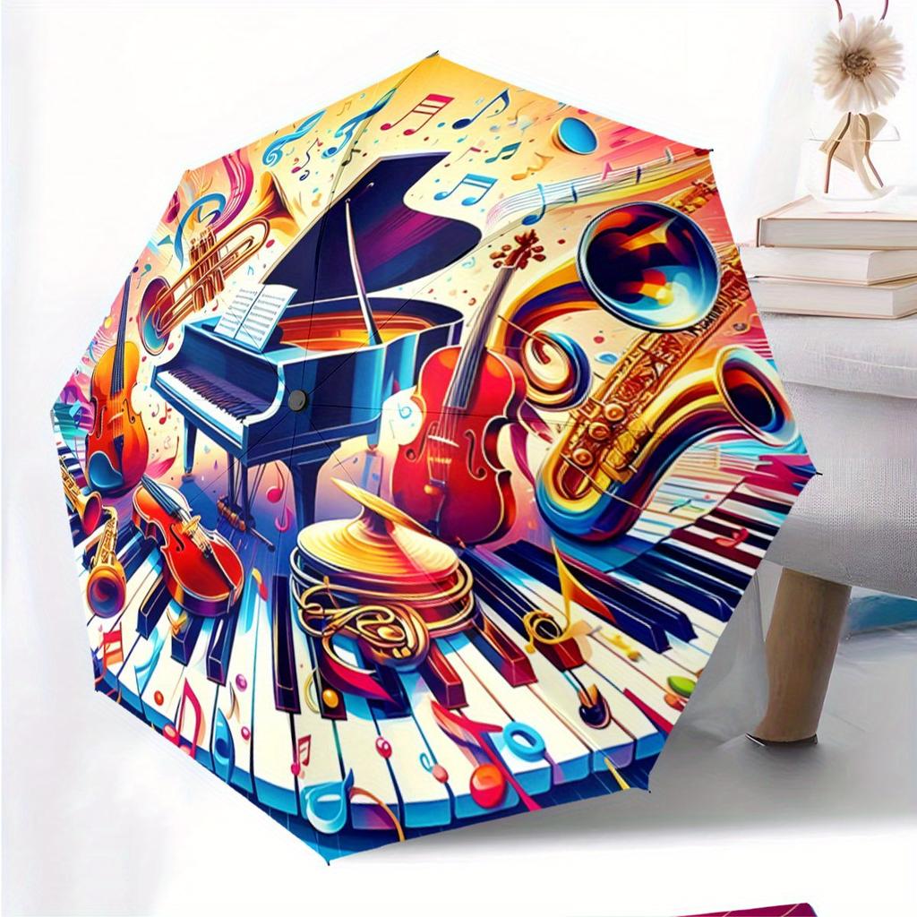 Automatic Folding Umbrella Musical instruments and notes. Portable collapsible design, casual outdoor accessory, for all seaso