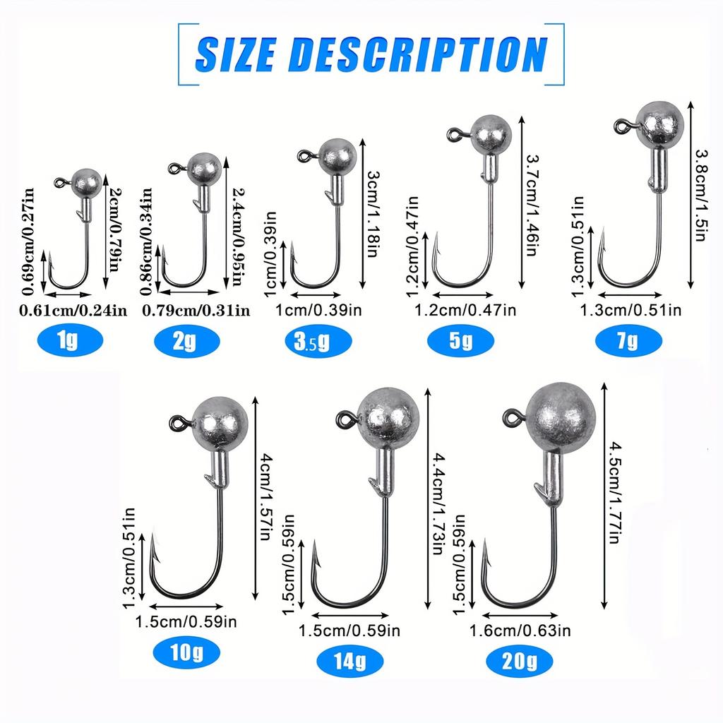 Big Jigs Head Fishing Hook 50-20Pcs/box All Size 1-20g Round Ball Jig Heads Hooks Weedless Long Shank for Soft Worm Bait Fish
