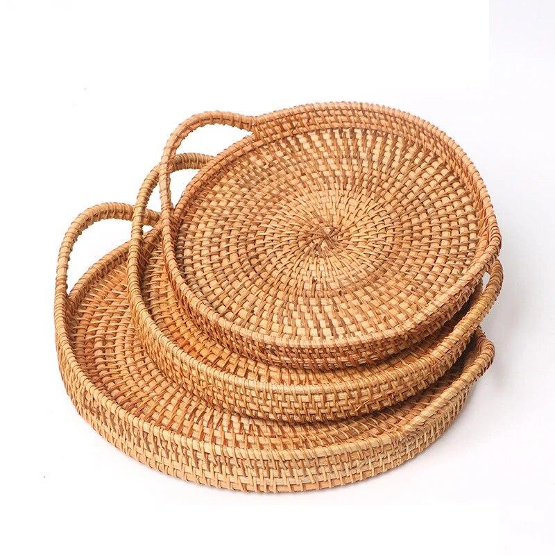 D5 Ротанг Ручная работа Настоящий ротанг Фруктовая корзина Корзина для закусок и хлеба Поднос Гостиная Закуски Мелочи Круглая корзина для хранения Фруктовый поднос