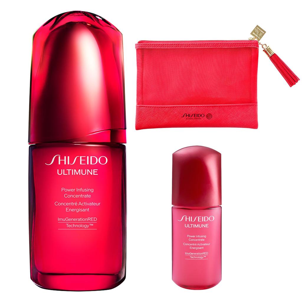 SHISEIDO Ultimune Powerizing Concentrate IIIn 50 мл Специальный набор сывороток в честь 10-летия Маленькая сыворотка 10 мл в фирменном мешочке особой формы Зеленый цветочный
