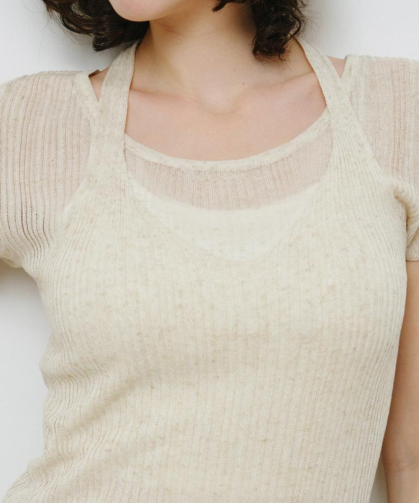 MONGDOL [Set] Ribbed Halterneck Sleeveless & Short Sleeve Knit Oatmeal Mdkt129Oatmeal