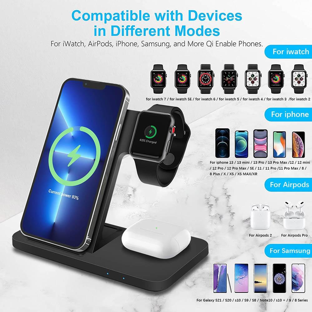 3 In 1 Qi Wireless Charger for Apple Watch Airpods Station for IPhone 13 12 11 Pro Max X Xs Xr 8 Samsung Galaxy S30 S21 S20 S10 S9 Huawei