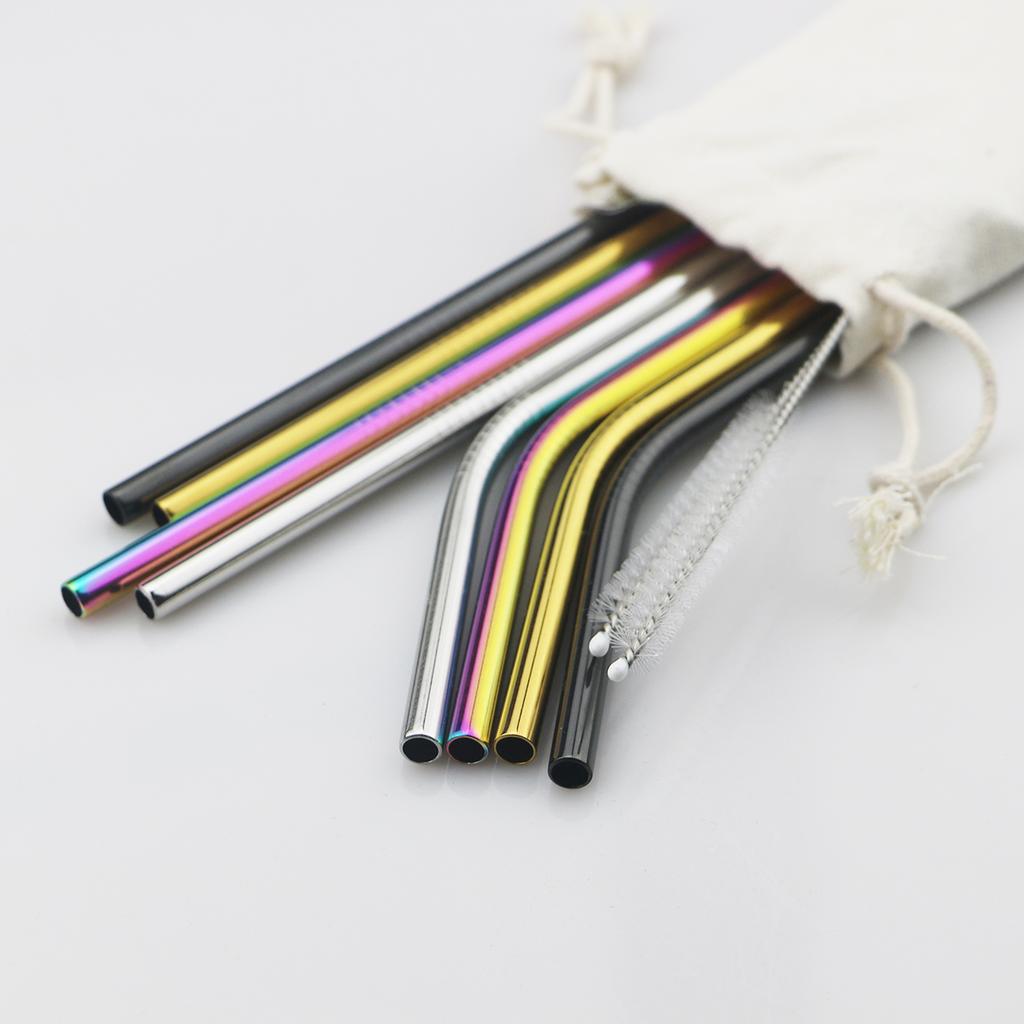 Metal Drinking Straw 304 Stainless Steel Colorful Straws Reusable Bent Straight Straw Set With Cleaner Brush Bar Party Accessory