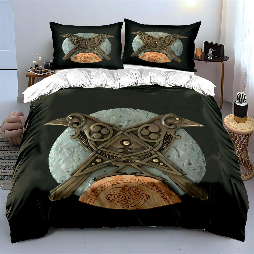 Viking Metal Raven Norse Mythology Prints bedding Set kid's and adults' bedroom decor, Exquisite three-piece bedding set gift