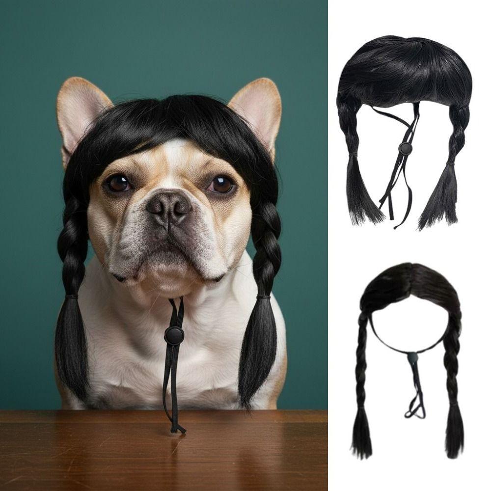 Funny Double Ponytail Pet Hairpiece Black Cosplay Wig Easy to Wear Animal Wig Festival Cosplay