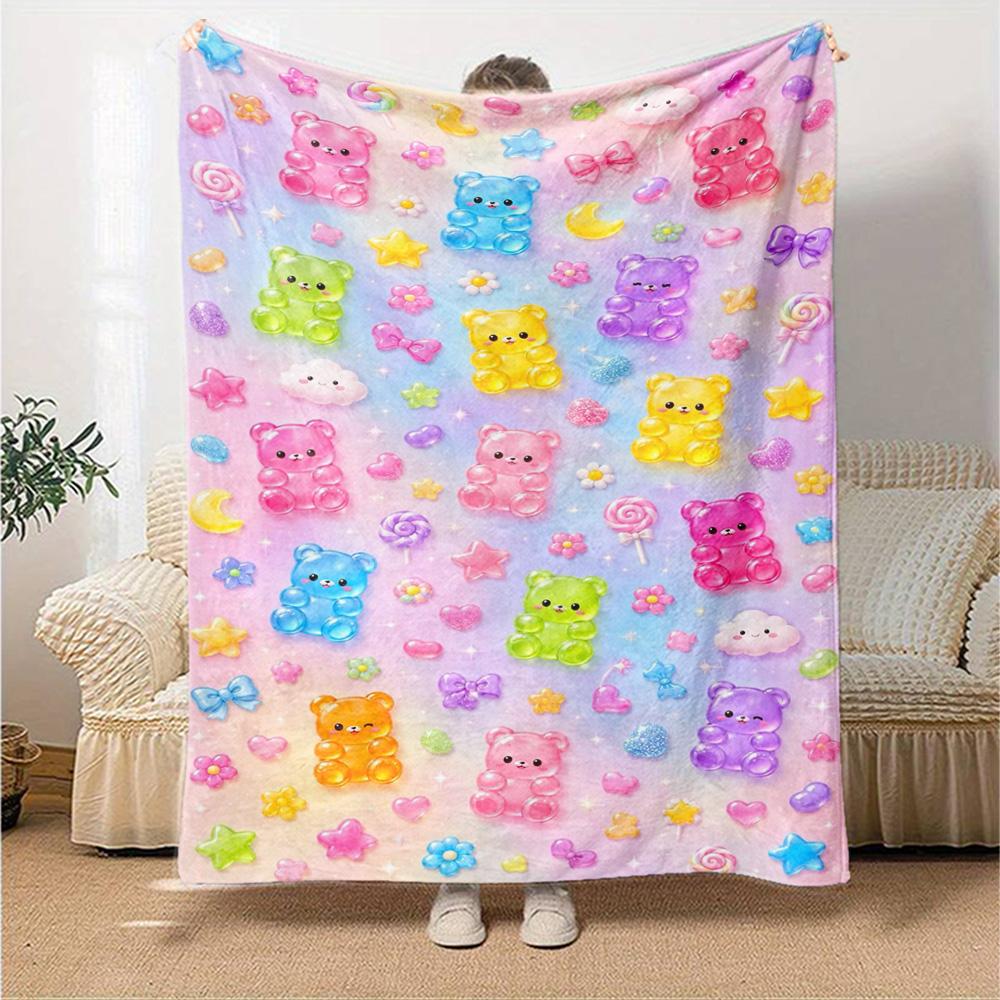 Rainbow Gummy Bear Print Flannel Blanket High Quality Warm Comfortable Cover for All Seasons Perfect for Gifts Home Decor