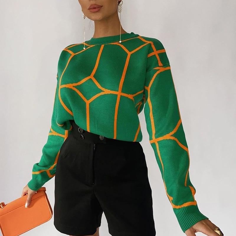 Knitted Striped Warm Women's Sweater Green O-neck Line Pattern Long Sleeve Pullovers Female Winter Lady Streetwear Jumper