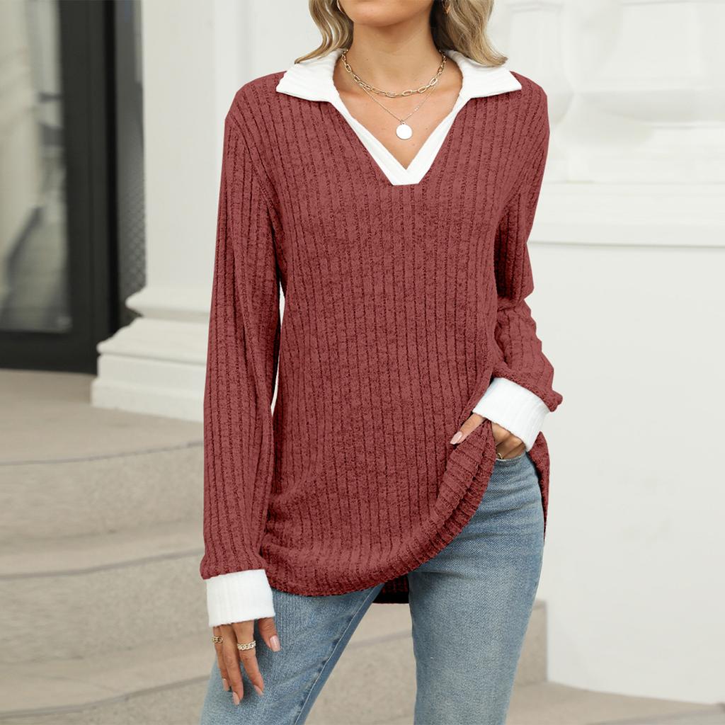 Женский модный пуловер с лацканами, длинными рукавами, цветными блоками, свободного кроя, в стиле кэжуал