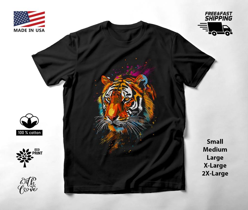 Tiger Portrait Neon Graphic T-Shirt Black Unisex S-2XL