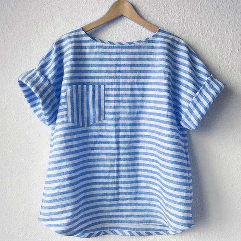 ZANZEA Женский летний топ с круглым вырезом, короткими рукавами и контрастными полосками и передним карманом