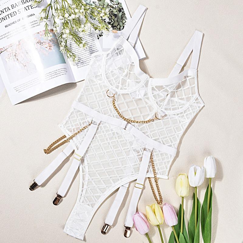 Wind Perspective Mesh Heavy Industry Metal Chain Sexy One-piece Lingerie Women's Clothing