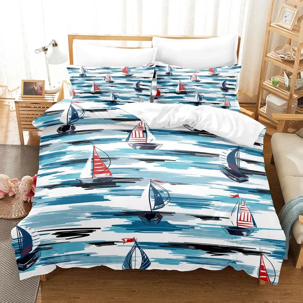 Cartoon Sailboat Bedding Set Nautical Duvet Cover King Size For Kids Boys Teens Blue Ocean Boat Theme Soft Polyester Quilt Cover