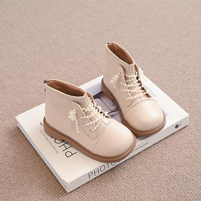 Девочки Жемчуг Принцесса Кожаные Сапоги Мода Детские Теплые Хлопковые Сапоги с Жемчугом Элегантные Детские Короткие Сапоги 2024 Зима Новинка