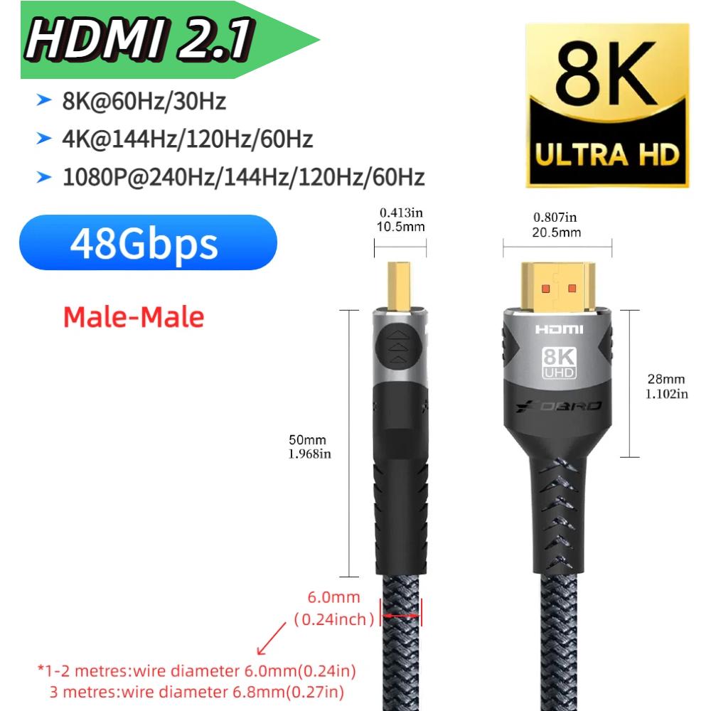 8K HDMI Кабель HDMI 2.1 8K@60Hz 4K@120Hz 48Gbps EARC ARC HDCP Ультра Высокоскоростной HDR Для PS5 PS4 Ноутбука HD Телевизора Монитора Проекторов
