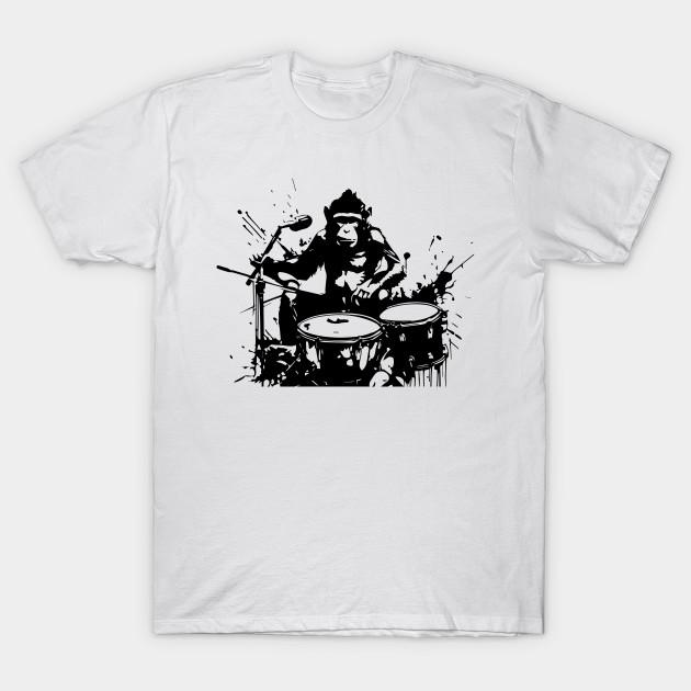 Asian Size Men Black Print T-shirt Monkey Playing The Drums No-Cut Heat Transfer Print Cotton Tshirt
