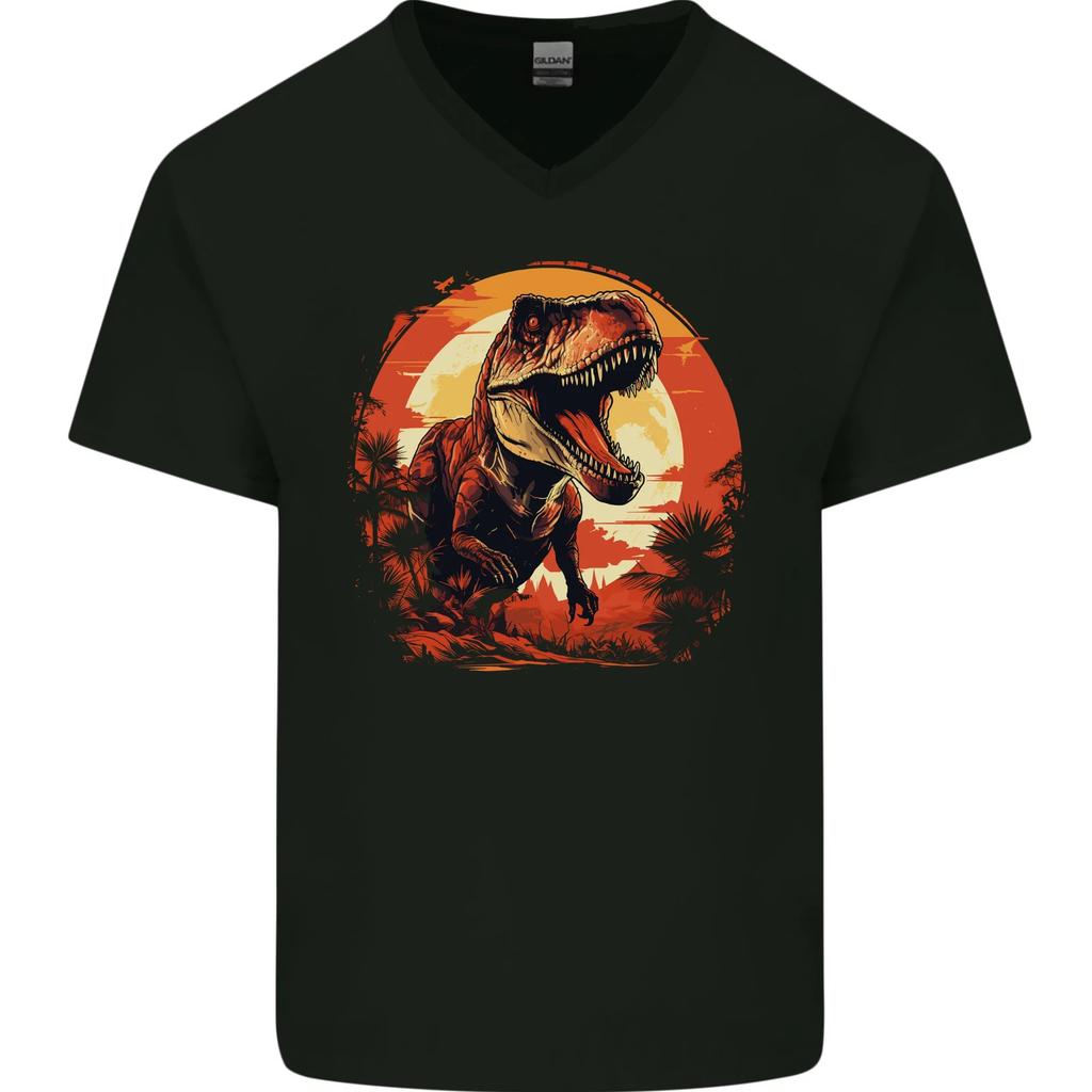 T-Rex Moon Landscape Dinosaurs Mens V-Neck Cotton T-Shirt