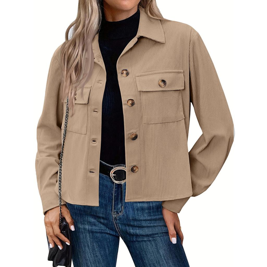 Women's Solid Color Casual Short Corduroy Button Jacket