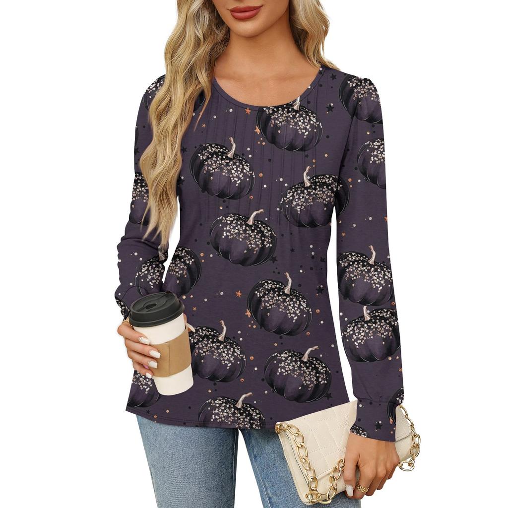 Long Sleeve Shirts For Women Cute Print Graphic Tees Blouses Dressy Casual Blouses Pleated Scooped Neck Tunic Tops Halloween