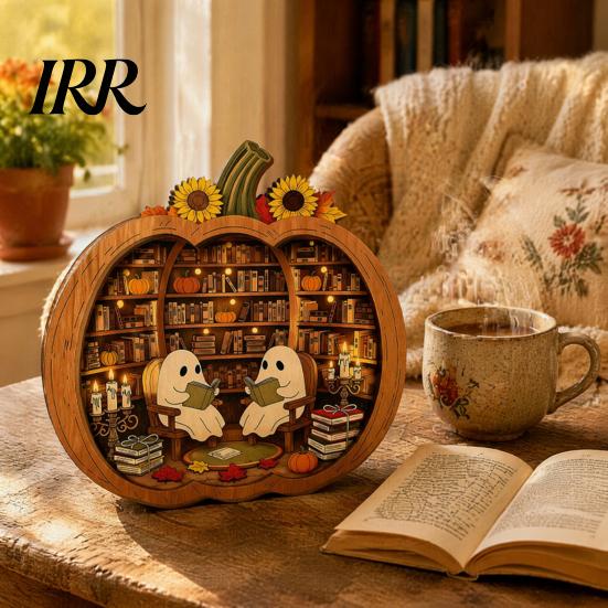 Autumn Pumpkin Table Decor Halloween Ghost Wooden Tabletop Ornament, 2D Flat Cute Reading Bathing Fall Harvest Home Decoration Watering Plaque