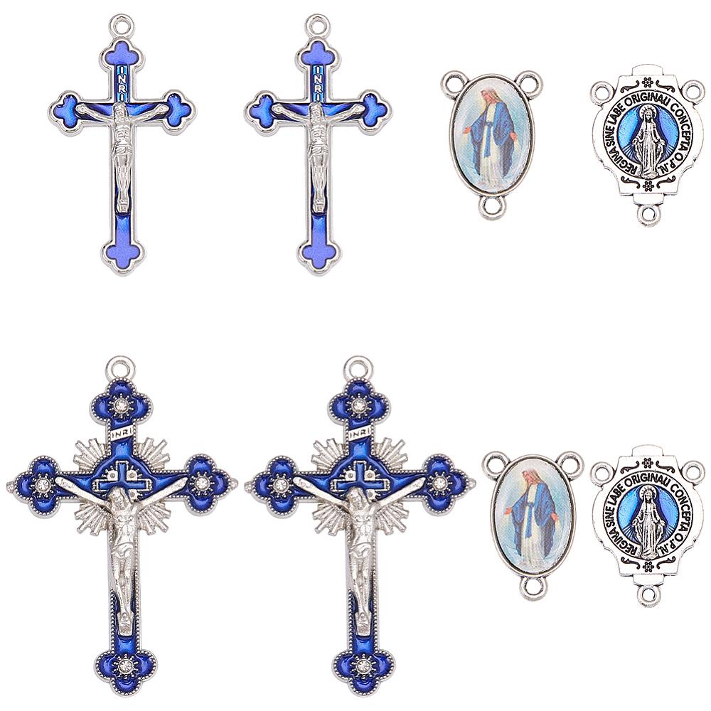 20Pcs 4 Styles DIY Blue Rosary Alloy Enamel Pendant and Link Findings Kits Oval & Cross Platinum 23~53.5x15~36mm 5pcs/style