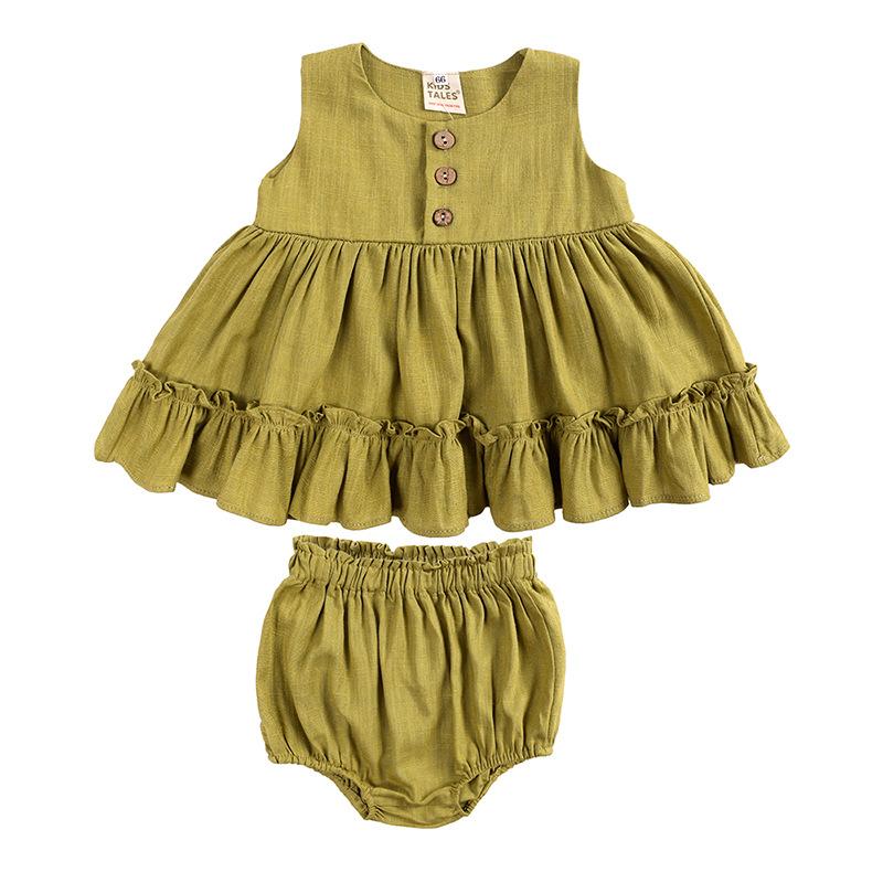 Girls Summer Cotton Linen Sleeveless Dress Set with Ruffled Hem and Pleats