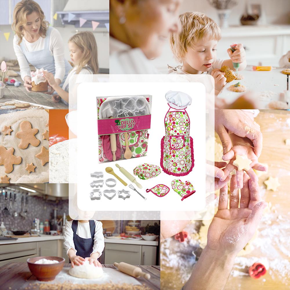 Детский набор для приготовления пищи и выпечки, 15 предметов, шляпа шеф-повара, фартук, рукавицы для духовки, нарукавники, кухонная утварь