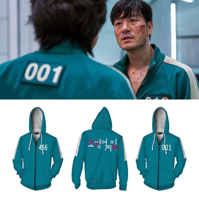 Роскошная зеленая куртка-худи на молнии Игра в кальмара 001 456 Вдохновленная Netflix верхняя одежда