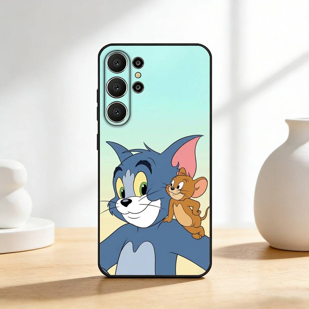 Забавный чехол для телефона T-TomS Cartoon JerryS для Samsung S26,S25,24,23,22,30,21,10,9,Ultra,Plus,Lite,FE Мягкий черный чехол