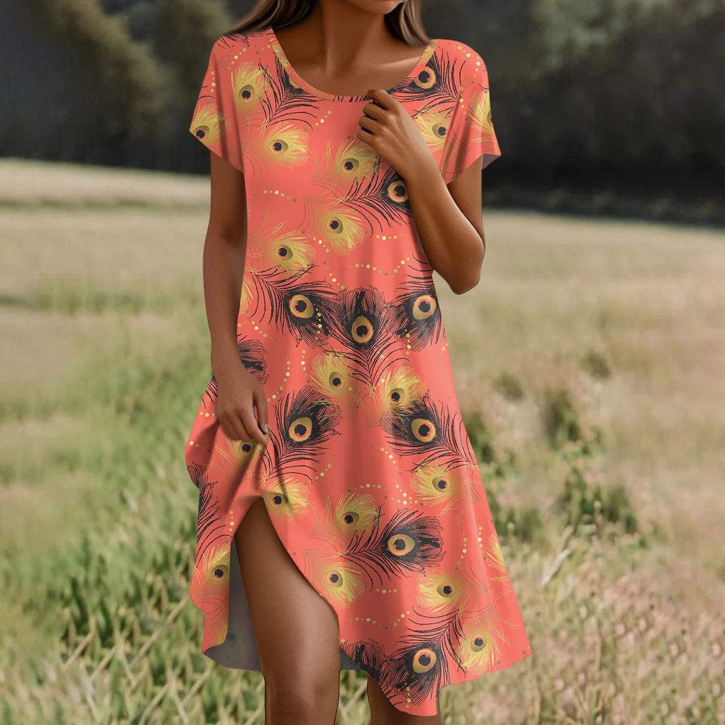 Short Sleeve Boho Dress For Women Casual Loose Fit Summer Sundress Feathers Print Dress With Pockets