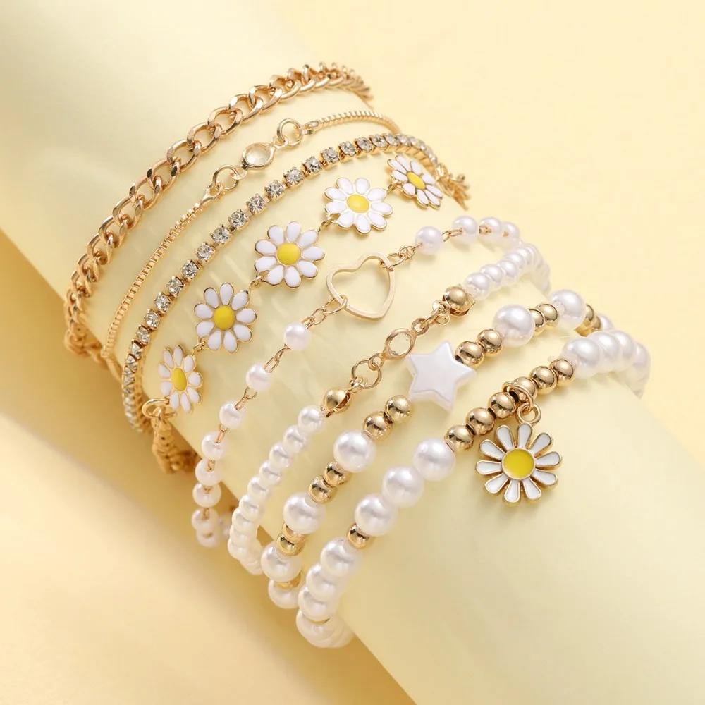 4PC Fashion Daisy Bracelet Imitation Zircon Beads Stainless Steel For Women Handmade Wrist Chain Accessories Zircon Gifts