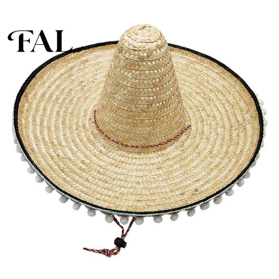 Adult Vacation Hat Mexican Sombrero with Colorful Poms, Hawaiian Style Woven Straw Sun Hat, Wide Brim Lightweight Halloween Costume Party