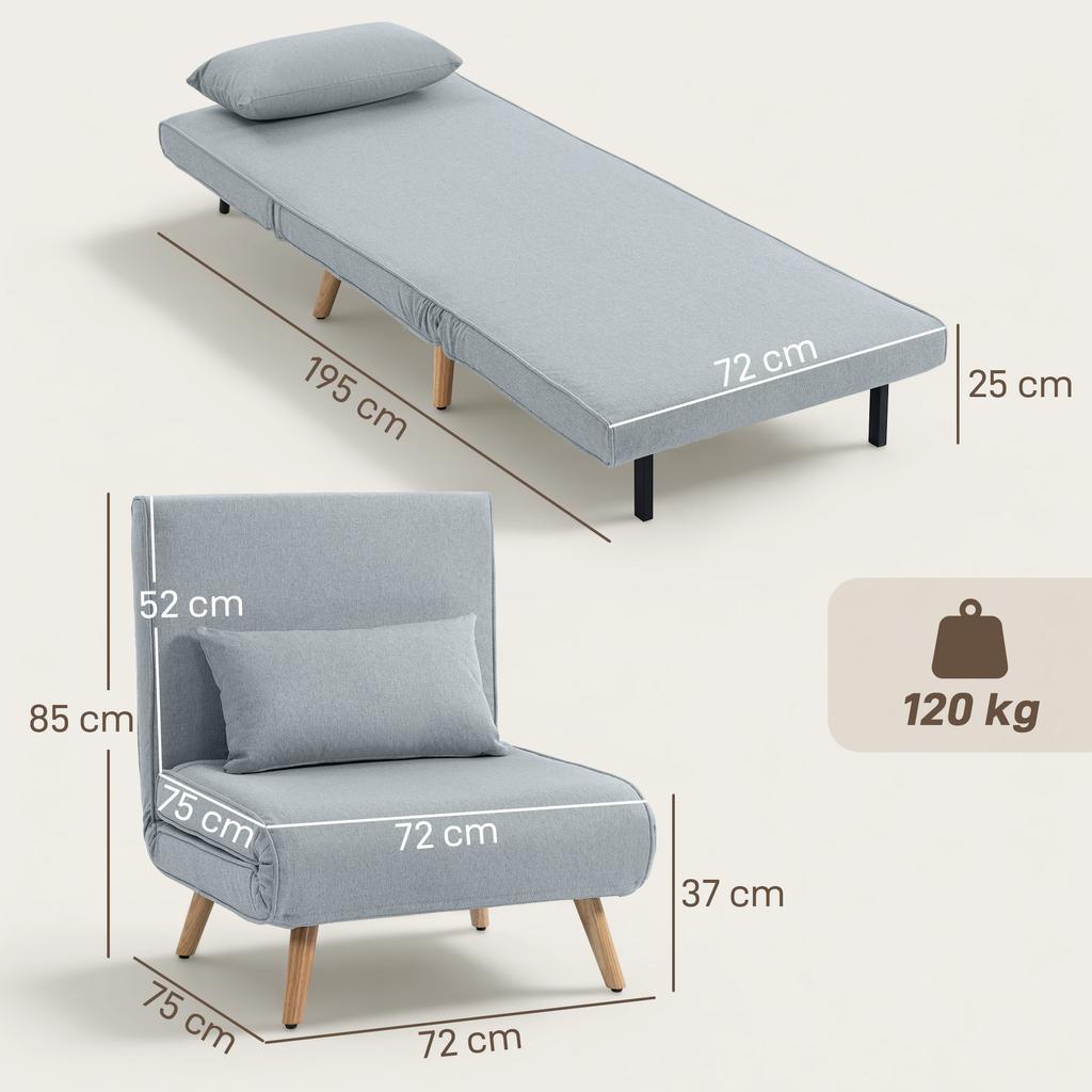 3 In 1 Convertible Chair Bed Single Seater Sofa With 5 Position Backrest And Cushion In Fabric Gray
