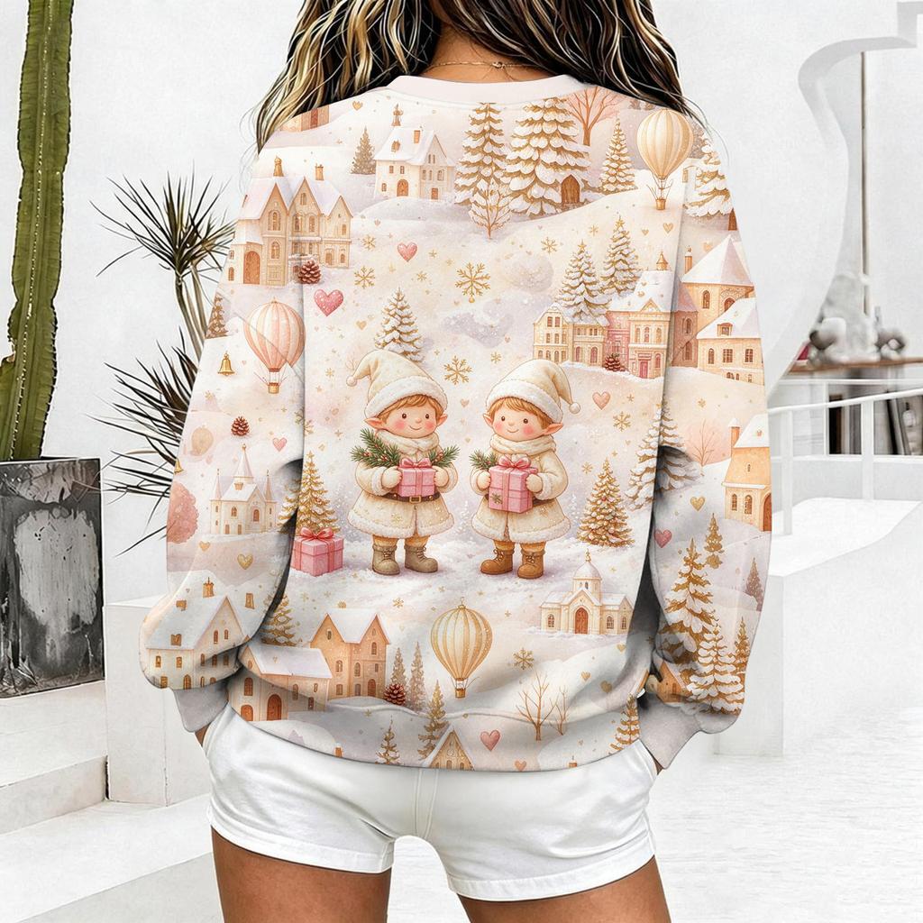 Women's Casual Christmas Print Crewneck Sweatshirt Long Sleeve Holiday Pullover Top