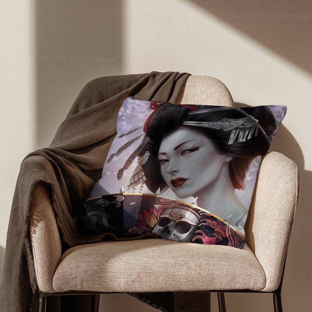 S-Samurai Warrior Geisha Throw Pillow Case For 45*45cm,55*55cm,30*30cm For Home Bedroom Decoration And Protector