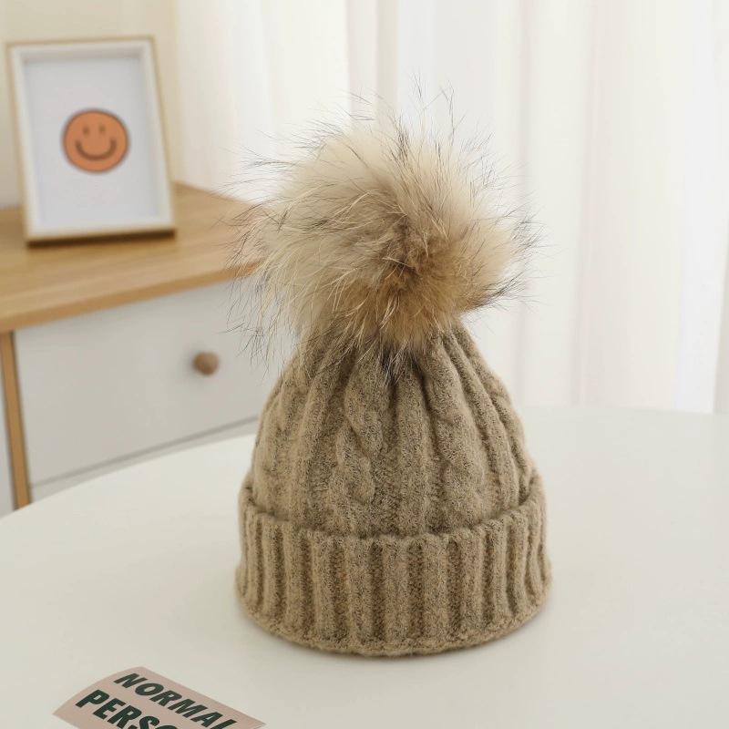 Children's Hat Winter Boy Girl Raccoon Hairball Knitted Hat Baby Twist Windproof Warm Wool Hat