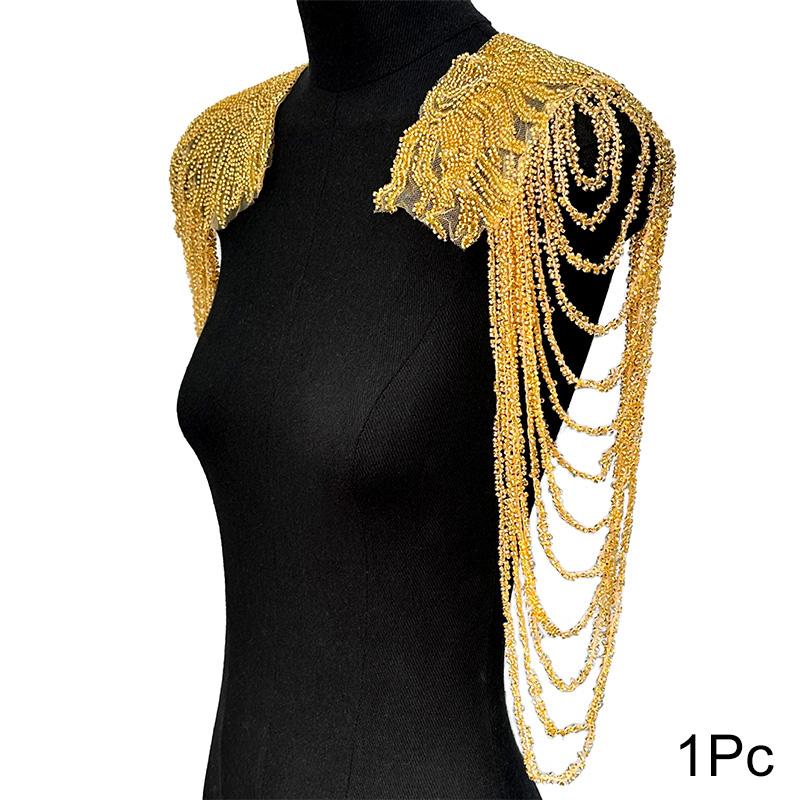 1PC Tassel Chain Gold Cloth Patches Clothing Accessories Shoulder Ornament Sewing Appliques Wedding Dress Sequin Performance