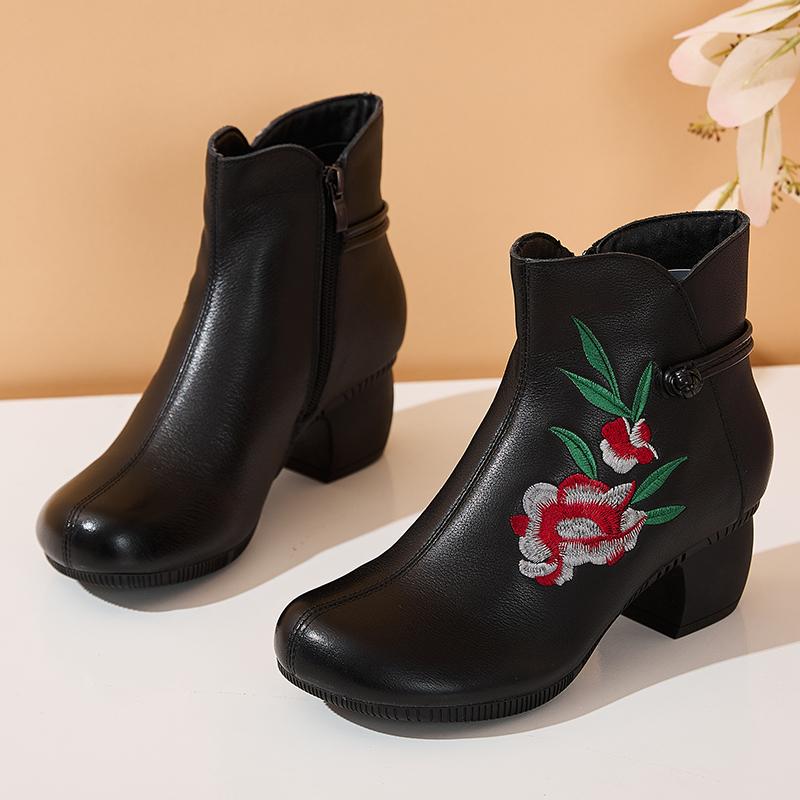 GKTINOO Floral Ankle Boots For Women Autumn Winter Genuine Leather Women's Boots Retro Handmade Comforable Shoes High Heels