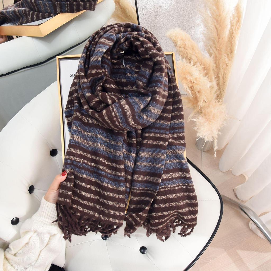 Korean Retro Striped Imitation Cashmere Scarf for Women