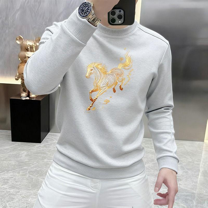 Men's Korean Style Year of the Horse Red Coral Fleece Hoodie, Thickened, Loose Fit, Pure Cotton, Round Neck, Autumn/Winter